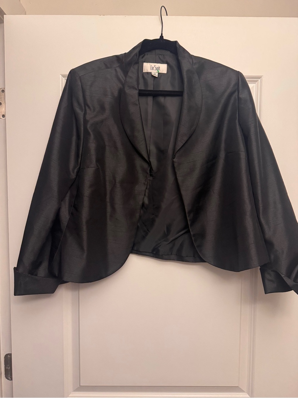 Le Suit Black Satin Open-Front Cropped Blazer